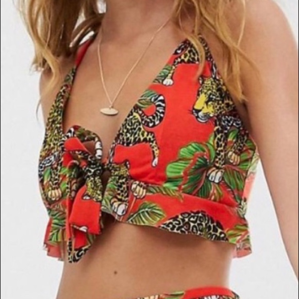 EUC ASOS Red Tie Front Crop Top with Tigers